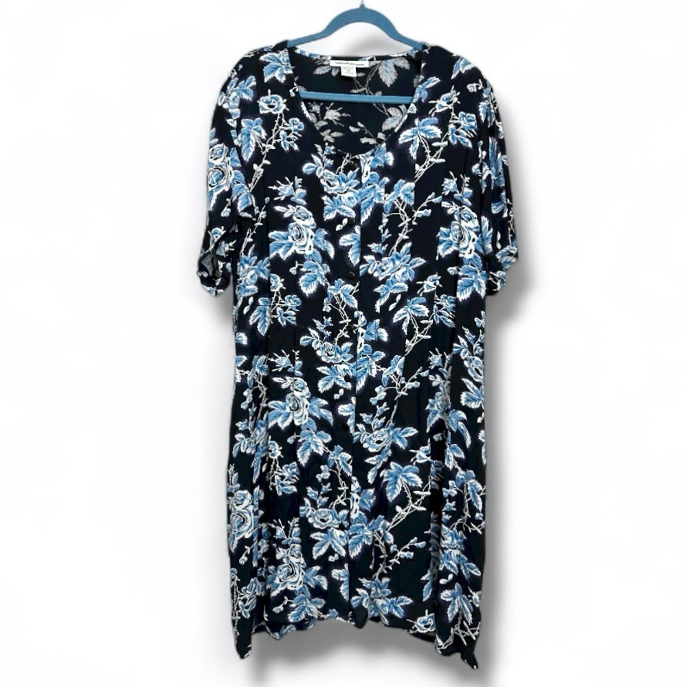 Serengeti Black Floral Button Front Midi Dress Women’s Plus Size 3X Cottage 90s